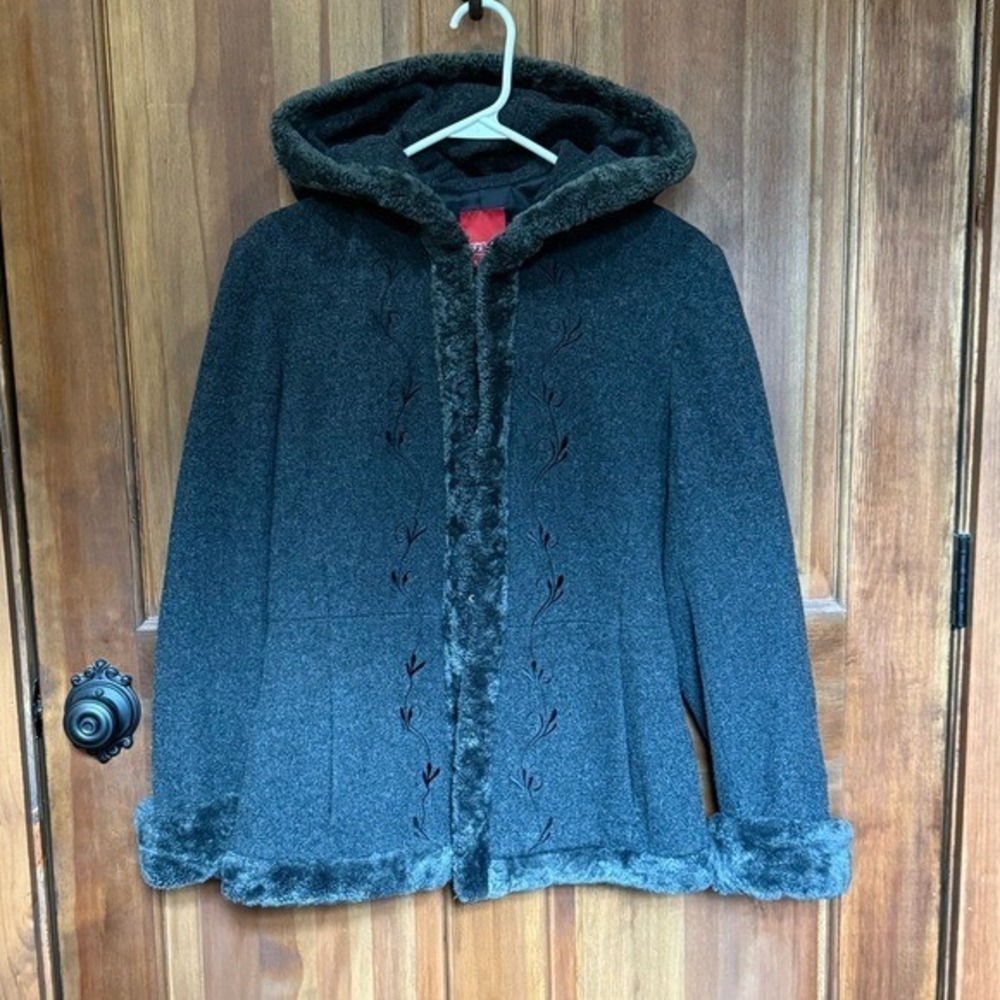 ESPRIT VTG Charcoal Hooded Jacket Coat‎ Outerwear Embroidery and Faux Fur Size M